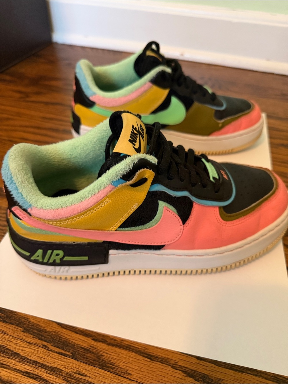 Nike Air Force 1 Multi-Color Low-Top Sneakers in Coral Pink, Mint, & Yellow